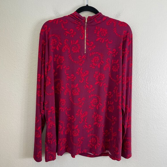 Liz Claiborne Womens Plus 2X Red Purple Floral Long Sleeve Top Gold Ring Accent - Picture 9 of 10